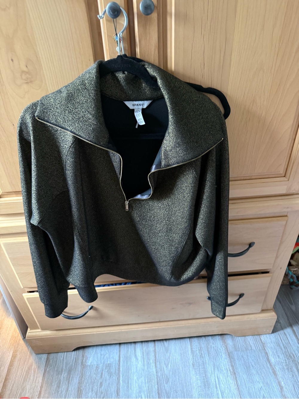 SPANX Olive Metallic Zip front knit top and slack set